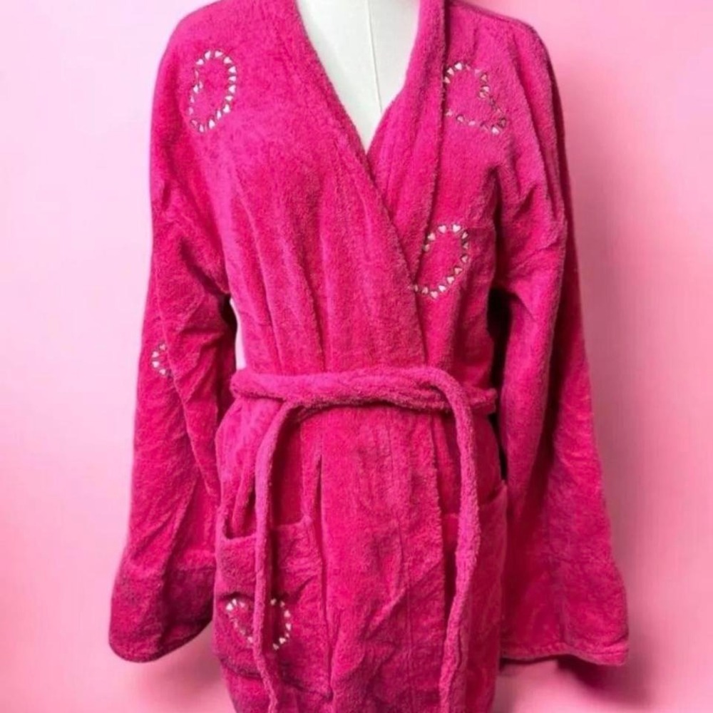Y2k Victorias Secret 2000 Terry‎ Cloth Hot Pink Robe Embroidered Hearts Large
